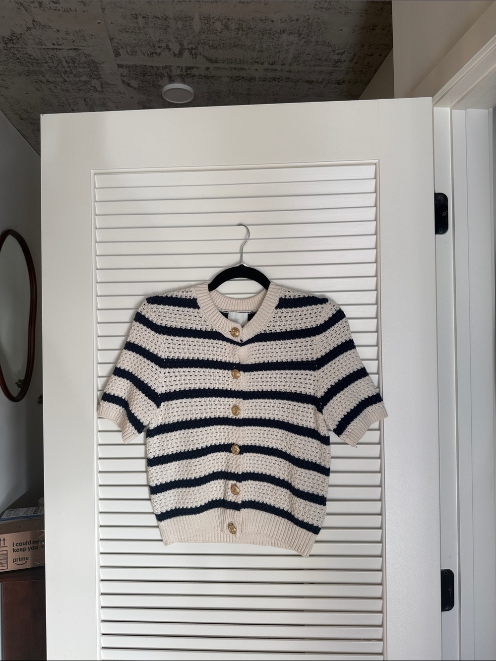 H&M Cream and Navy Striped Short-Sleeve Cardigan